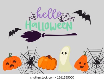 Creepy vector poster with cute spook, pumpkin and spider webs, broom, black bats and text hello Halloween. Cartoon illustration of halloween symbols for party invitation.