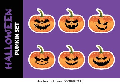 Creepy vector pumpkin set with a creepy carved face, featuring dark colors. Ideal Halloween illustration on a black background, perfect for seasonal designs