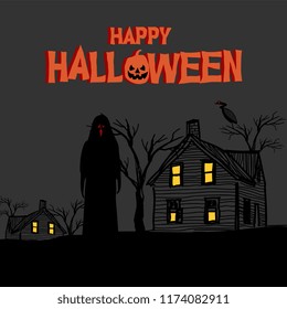 Creepy and very spooky ghost in front of haunted rustic house during the night for happy halloween greeting design vector illustration.