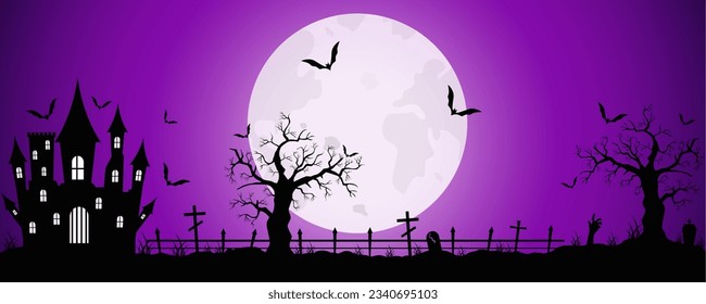 Asombroso fondo violeta de Halloween con un castillo. Murciélagos volando contra el fondo de la luna. Diseño de Halloween. Ilustración vectorial.