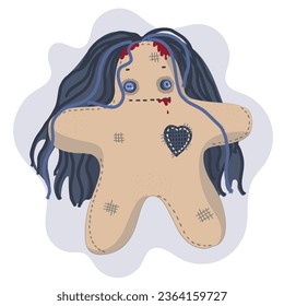 Creepy voodoo doll. Primitive Textile doll with long black hair. Hand drawn vector illustration. Halloween concept.