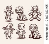 Creepy Voodoo Doll Set, Hand Drawn Witchcraft Dolls, Vintage Voodoo Illustration, Halloween Voodoo Characters