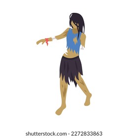 Creepy walking female zombie isometric icon vector illustration