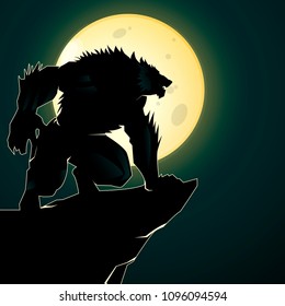 A creepy werewolf with a grin against the background of a yellow big moon. Silhouette of a Werewolf