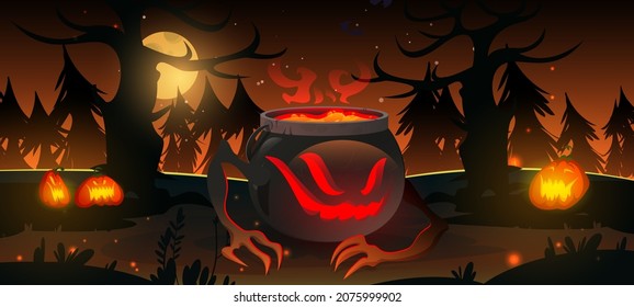 Creepy witch cauldron with magic potion in night forest Halloween background. Wizard pot with brew under full moon in dark wood with pumpkin lanterns spooky game scene, Cartoon vector illustration