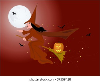 Creepy witch flying at night