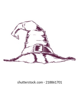 Creepy witch hat isolated on a white background. Line art. Halloween retro design. Vector illustration.