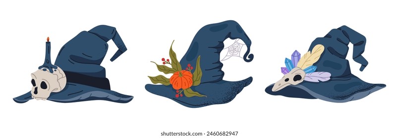 Creepy witch hats. Halloween spooky magician headwear, Halloween black wizard hats, trick or treat october party magic costume elements flat vector illustration set. October party magician hats