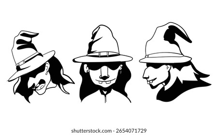 Creepy Witch Head Set in Black and White Style – Horror Halloween Bundle