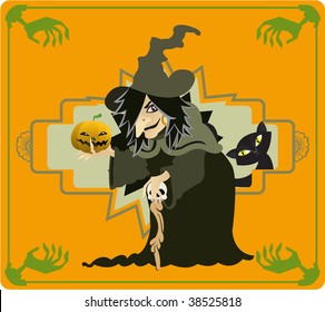 A creepy witch holding a pumpkin on her hand.