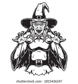 Creepy witch wearing hat and cape in vintage monochrome style isolated vector illustration