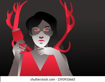 Creepy woman with red eyes and black hair wearing red dress and holding wine in her hands. Antlers or deer horns behind her back. Horror and suspense atmosphere.