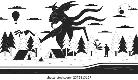 Creepy woods camping site black and white lofi wallpaper. Walking forest monster at campfire 2D outline scene cartoon flat illustration. River campsite nightmare vector line lo fi aesthetic background