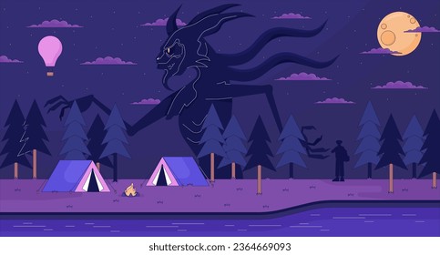 Creepy woods camping site lofi wallpaper. Walking forest monster at campfire 2D scene cartoon flat illustration. River campsite spooky nightmare chill vector art, lo fi aesthetic colorful background