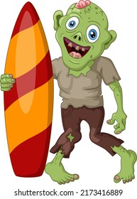 Creepy zombie cartoon holding a surfboard svg