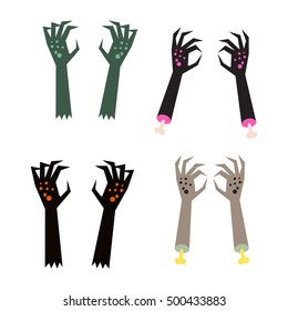 Creepy zombie corpse hands vector set. Scary black and green hands with gnarled fingers.