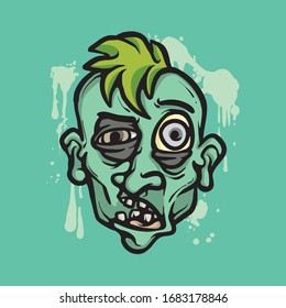 Creepy zombie face with green mohawk. Apocalypse vector concept. Vector illustration
