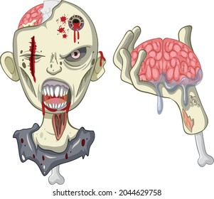 Creepy zombie face on white background illustration