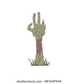 Creepy Zombie Haind Rising From The Ground With Rotting Flesh Outlined Hand Drawn Adult Style Illustration Isolated On White Background
