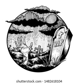 Creepy Zombie Hand in Graveyard , Halloween Theme Illustration, Isolated Vector, Hand Drawn Sketch