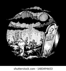 Creepy Zombie Hand in Graveyard , Halloween Theme Illustration, Isolated Vector, Hand Drawn Sketch