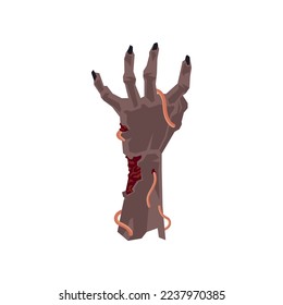 Creepy zombie hand with worms vector illustration. Horror, walking dead, monsters for Halloween. Cartoon drawing of rotting arm isolated on white background. Halloween concept