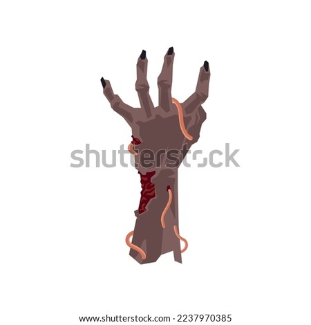 Creepy zombie hand with worms vector illustration. Horror, walking dead, monsters for Halloween. Cartoon drawing of rotting arm isolated on white background. Halloween concept