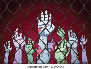 Creepy zombie hands behind a fence. Fence, hands and background on separate layers for easy editing.