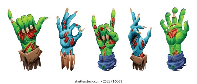 Creepy zombie hands with claws and torn flesh, in various horror gestures. Vector cartoon illustration