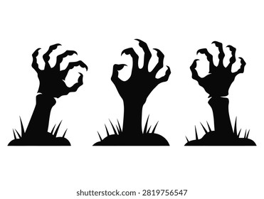 Creepy zombie hands emerging from dark ground, skeletal fingers with sharp claws, spooky graveyard scene, perfect for Halloween decorations and invitations.