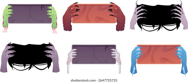 Mãos de zumbis assustadoras, braços de cadáveres de monstros mostram uma placa de sinais. Banner de prancha de apresentação de membros mortos de desenho animado. Espaços de mensagens de Halloween. Conjunto de vetores de ilustrações planas de elemento morto ambulante