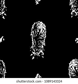 Creepy zombie head pattern. Vector illustration. Print in genre of horror. Black and white colors.