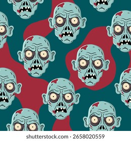 Cabeza de zombi espeluznante Patrón transparente de verde azulado y fondo rojo para la tela temática de Halloween y diseños de papel digital espeluznantes