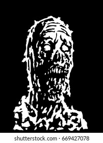 Creepy zombie head. Vector illustration. Black and white colors.