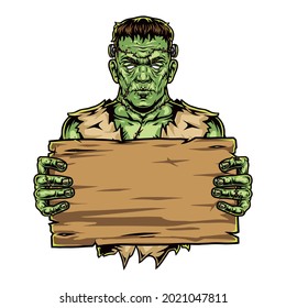 Creepy zombie holding blank wooden plank in vintage style isolated vector illustration