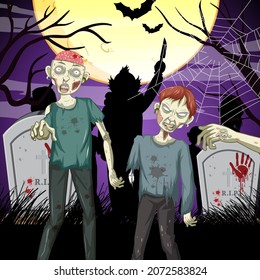 Creepy zombie on forest cemetery background illustration