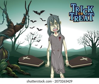 Creepy zombie on forest cemetery background illustration