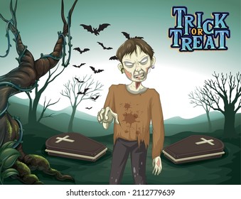 Creepy zombie on forest cemetery background illustration