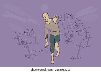 Creepy zombie walking on cemetery. Monster or Halloween character near graves. Walking dead. Vector illustration. 