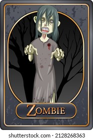 Creepy zombie woman character game card template illustration