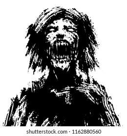 Creepy zombie woman head. Black and white colors. Vector illustration.