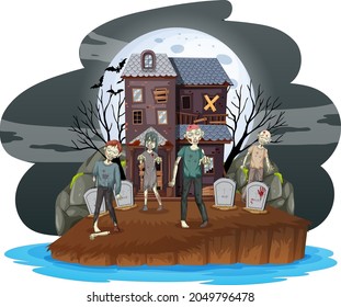 Creepy zombies at graveyard illustration