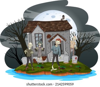 Creepy zombies at graveyard illustration