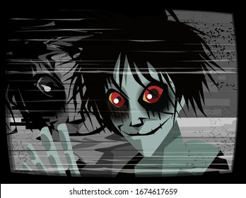 creepypasta horror character with red eyes on tv
