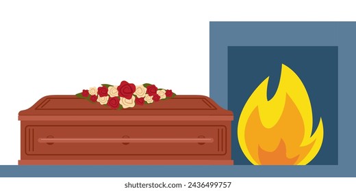 Cremation. Coffin and fire. Process of cremation in the crematorium. Vector illustration