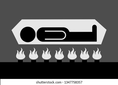 Cremation - dead body is cremated on furnace in crematory and crematorium. Burning of cadaver and human corpse into ash. Vector illustration