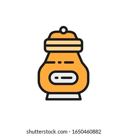 Cremation vessel with people ashes, funeral urn flat color line icon.