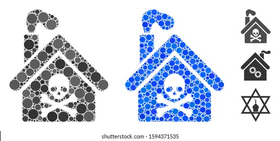 Crematory building mosaic of small circles in different sizes and color tones, based on crematory building icon. Vector small circles are grouped into blue mosaic.
