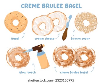 Bagel-Bagel-Set aus Creme. Gebackenes Sandwich oder Dessertrezepte. Frisches Backerzeugnis mit Sahne und braunem Zucker. Köstliches Frühstück oder Mittagessen mit Essen. Flache Vektorgrafik