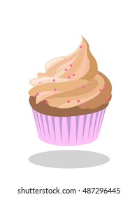 Creme Brulee Caramel cream cupcake with pink decoration sprinkles in pink violet paper case. Cupcake vector isolated.  